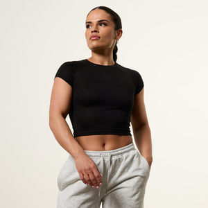 Top Corto Negro para Mujer, Cuello Redondo, Tejido Sólido de Spandex y Poliéster, Estilo Casual, Transpirable, Corto - Product Image 1