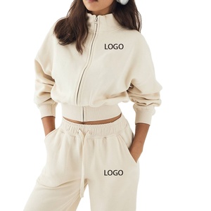 <b>Women's</b> Winter Vintage 2 Piece Tracksuit Set Zip up Hooded Crop <b>Jacket</b> and Drawstring Full Length Sweatpants - Product Image 1