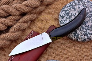 Cuchillo de caza pequeño hecho a mano DIY OEM, hoja fija de acero al carbono, mango curvo de cuerno, cuchillo para desollar para camping al aire libre con funda - Product Image 4