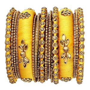 Bracelets ethniques en fil de soie plaqué or, imitation faite à la main, sertis de Kundan bleu, pour femmes et jeunes filles, mode mariage Haldi, certifiés par une tierce partie - Product Image 2