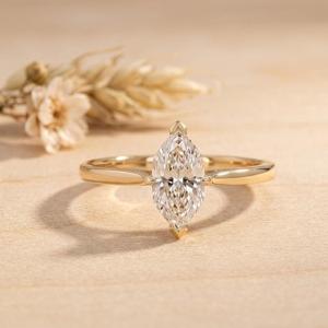 1ct Dutch Marquise Cut Lab Grown Diamond Vintage 10K 14K 18K Solid Gold Color E Clarity VVS Diamond Engagement Single <b>Thin</b> Band - Product Image 3