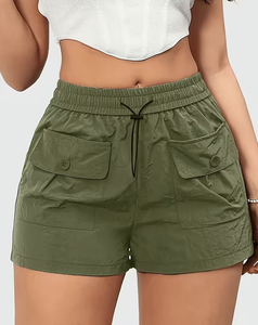 High Waist Cargo Shorts Solid Color Drawstring Elastic Waistband Casual Women's Athletic Short Pants - Product Image 1