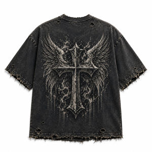 Camiseta Oversize Personalizada con Gráficos para Hombre, Estilo Vintage Desgastado con Alas Cruzadas, Streetwear, Lavado Ácido, Impresión Personalizada - Product Image 5