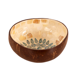 Cuenco de coco blanco con mosaico de nácar, hecho a mano con incrustaciones artísticas de conchas para utensilios de cocina. - Product Image 2