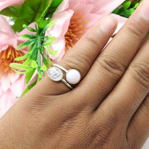 Natural Pink <b>Opal</b> & Rainbow Moonstone Gemstone Boho <b>Ring</b> In 925 Sterling <b>Silver</b> Handmade Two-Stone Twister Stackable <b>Ring</b> - Product Image 3