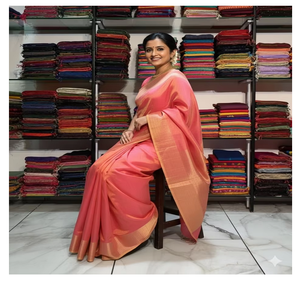 Sari de Seda Rosa Coral para Mujer, Traje Étnico Tradicional con Diseño de Bordes Elegantes para Fiestas - Product Image 1