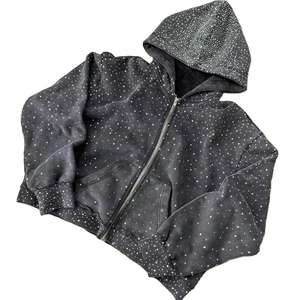 Sweat à capuche zippé streetwear personnalisé coupe ample courte, effet délavé au soleil, 480 g/m² épais, orné de strass, service OEM pour hommes - Product Image 6