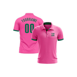 เสื้อเจอร์ซีย์สีชมพูแขนสั้นสำหรับผู้ชาย เป็นมิตรกับสิ่งแวดล้อม แต่งขอบสีเขียว ปักชื่อ หมายเลข และโลโก้ทีมได้ตามต้องการ เหมาะสำหรับใส่ลำลอง - Product Image 1