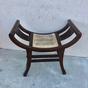 Tabouret en bois de style chinois avec assise en rotin, design sans dossier, finition antique, fait main, meubles de salon - Product Image 2