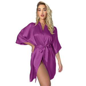 Bata de satén para mujer, color morado, cuello en V, manga tres cuartos, largo hasta la rodilla, ropa de dormir elegante, vestido de mañana, kimono nupcial - Product Image 6