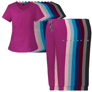 Conjuntos de uniformes médicos para mujer, top con cuello en V y bolsillos, pantalones con cordón, mezcla de algodón, tejido de punto, uniformes de hospital para enfermeras y médicos - Product Image 3