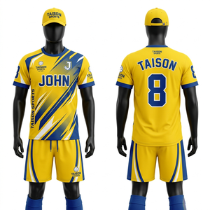 Ensemble de maillots de Floorball en polyester maille 180 GSM de qualité supérieure, design à panneaux jaune et bleu, avec logo personnalisé par sublimation - Product Image 1