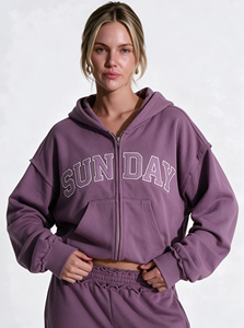 Sweat à capuche zippé pour femme, coupe carrée, couleur prune poussiéreuse, OEM, léger, color block, 100% coton molletonné, broderie, My Own Terms - Product Image 3
