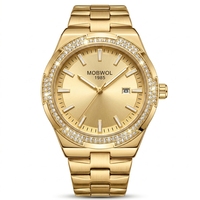 Jam Tangan Mekanis Pria Bulat Diameter 30mm Aksen Batu Permata Kaca Mineral Tahan Air 10 Bar Kalender