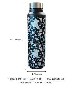 Handcrafted Stainless <b>Steel</b> Water <b>Bottle</b> with Floral Cow Design Black Matte Reusable Leakproof Eco-Friendly <b>Bottle</b> - Product Image 6