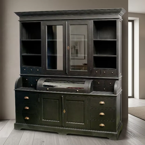 <span class=keywords><strong>Venero</strong></span> - Mueble de Almacenamiento de Madera con Acabado Negro Desgastado Natural, Vitrina de Vidrio y Organizador de Cajones para un Interior de Hogar Elegante - Product Image 1