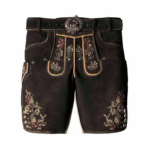 Men’s Lederhosen Genuine Leather Bavarian Oktoberfest Shorts Traditional German Embroidered Dark Brown Lederhosen with <b>Belt</b> - Product Image 1