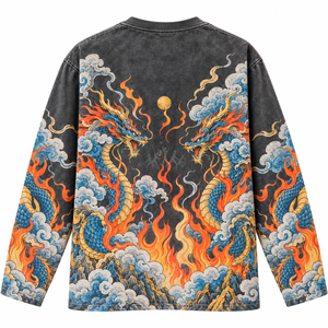 T-shirt à manches longues surdimensionné avec motif dragon, vente en gros, vintage, délavé à l'acide, écologique, respirant, coton lourd 300g - Product Image 2