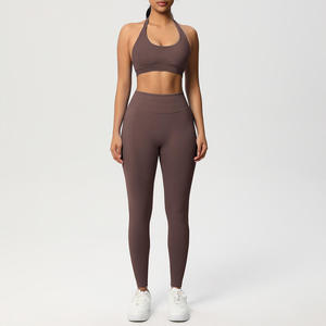Wholesale Seamless Plus Size High for Solid Front Logo Sports Bra Comfort Lifting Leggings Two Piece Set Women - Product Image 1