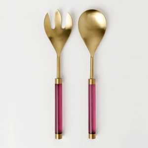 Ensemble de Cuillères et Fourchettes à Salade en Métal Doré de Qualité Supérieure avec Manche en Résine Blanche pour Table de Cuisine - Product Image 1