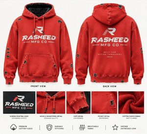 Streetwear Distressed <b>RED</b> Breathable 100% Cotton Heavyweight Oversized Hooded <b>Sweatshirt</b> Streetwear Winter Men <b>Women</b> Loose Fit - Product Image 1