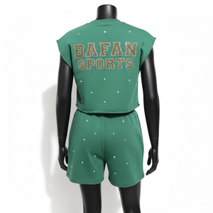Conjunto de Camiseta sin Mangas y Pantalones Cortos de Algodón Grueso 100% para Mujer, con Logotipo Verde Cristal, Ropa de Verano - Product Image 2