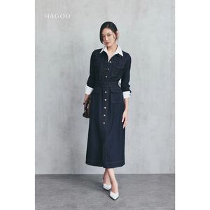 Robe midi trapèze à col contrastant et ceinture, manches longues, boutonnée sur le devant, découpes, style décontracté et professionnel pour femme [V9039] - Product Image 1