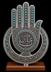 Sculpture artisanale en argent de la main de Hamsa avec incrustation de turquoise, pièce d'art décorative religieuse pour présentation sur table - Product Image 1