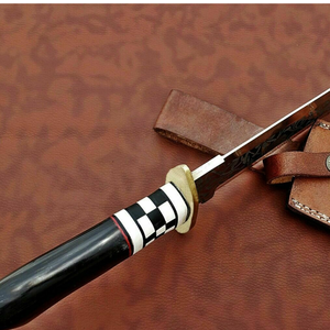 Handmade D2 Steel <b>Etched</b> Bowie Knife with Black Buffalo Horn Handle Decorative Engraved Fixed Blade and Brown Leather Sheath - Product Image 2