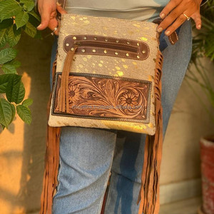 Sac à bandoulière à franges en cuir de vachette métallisé usiné à la main de style occidental Sac à main cartable en cuir véritable de haute qualité pour femmes - Product Image 2