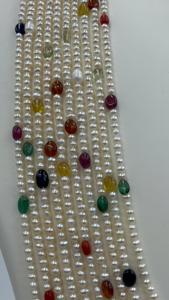 Perles d'eau douce semi-précieuses 100 % naturelles avec 10 rangs de pierres précieuses Navratna, perles lisses pour la création de bijoux. - Product Image 2