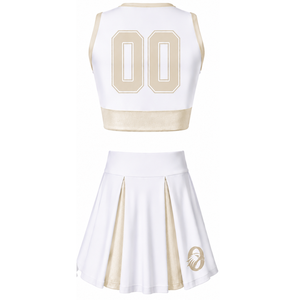 Ensemble d'uniformes de cheerleading sublimés blancs et beiges sans manches – Haut et jupe athlétiques pour équipe – Tenue de sport pour performance, entraînement et compétition - Product Image 2