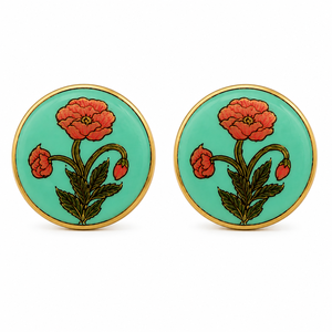 Handmade Enamel Brass Cufflinks Red Poppy Flower Design Turquoise Base Gold Tone Finish Formal Wedding Gift Unisex - Product Image 2