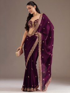 Purple Embroidered <b>Tissue</b> Saree for Women Traditional Long Dress Wrinkle Free Moisture Wicking Party <b>Wedding</b> Wear - Product Image 2