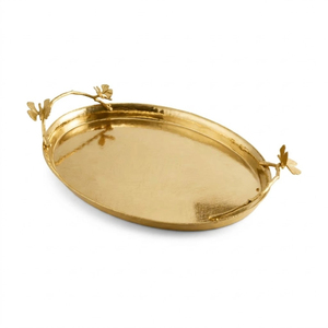 Wholesale <b>Gold</b> Oval Metal <b>Serving</b> <b>Tray</b> With Leaf Branch Handles Handcrafted Brass Decorative Platter For Home Hotel & Events - Product Image 1
