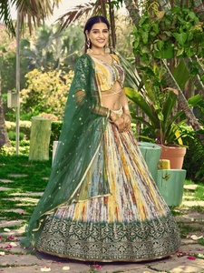 Awesome White <b>Green</b> Sequins Chinnon <b>Silk</b> Party Wear Traditional Lehenga Choli with Zari Embroidery and Sequin Detailing - Product Image 6