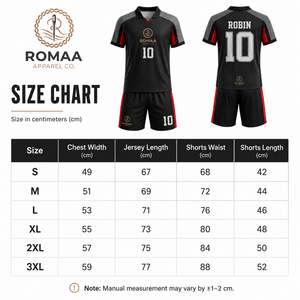 ชุดเสื้อและกางเกงฟุตบอลสีดำแดงสำหรับทุกเพศจาก ROMAA APPAREL CO. แบบซับลิเมชั่น 10 ชิ้น ระบายเหงื่อได้ดี ยืดได้สี่ทิศทาง เป็นมิตรต่อสิ่งแวดล้อม - Product Image 6