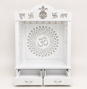 Elegant White Jali Pattern Teak Wood Temple Modern White Pooja Mandir with Storage <b>Drawers</b> Wooden Pooja Ghar With Om Australia - Product Image 3