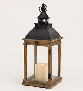 Vintage Rustic Wooden Candle <b>Lantern</b> with Matte <b>Black</b> Metal Top Farmhouse Decorative Glass Hurricane Lamp for Indoor Use - Product Image 3