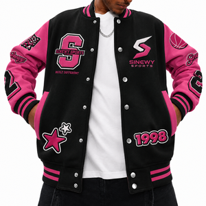 SINEWY SPORTS <b>Men's</b> Black Pink Varsity <b>Jacket</b> Embroidered Letterman Baseball Style Casual Outerwear - Product Image 1