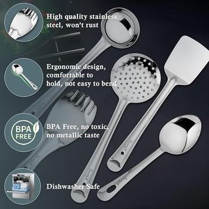 ชุดเครื่องครัวสแตนเลส 5 ชิ้น สำหรับทำอาหารและเสิร์ฟในครัว แพ็ค 5 ชิ้น ช้อนตัก ตะหลิว ตะหลิวตักน้ำมัน/ตะหลิวปาด - Product Image 3