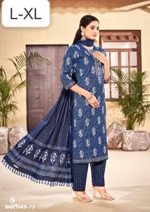 Colección de Kurti-Pantalón-Dupatta de la Mejor Tela de Algodón Puro con Cuello Estampado y Bordado, Moda Femenina, Compra en Línea en India - Product Image 5