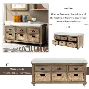 Rustic 3-Drawer <b>Storage</b> Bench with 3 Rattan <b>Baskets</b> Living Room Furniture <b>for</b> Entryway or Shoe Organization - Product Image 5