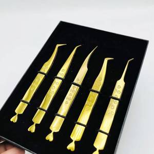 Ensemble de pinces à cils plaquées or, outils de précision pour extensions de cils, pointe lisse, kit de 5 pièces - Product Image 4