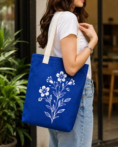 Sac fourre-tout en jute bleu avec poignées beiges, imprimé floral, grand format, réutilisable pour la plage, les voyages, le quotidien et le shopping - Product Image 5