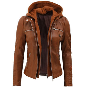 Premium Quality Women's Cognac Brown Real Lambskin Leather <b>Jacket</b> with Detachable Hood - Casual Slim Fit Moto - Product Image 3