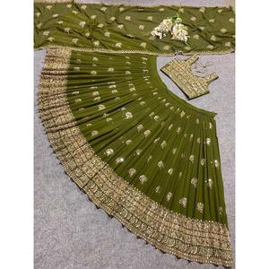 DESIGNER GEORGETTE BRODERIE SEQUENCE TRAVAIL LEHENGA CHOLI AVEC DUPATTA VERT - Product Image 5