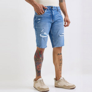 Shorts Bermuda en jean déchiré bleu clair pour homme, taille mi-haute, fermeture éclair, style urbain, en coton tissé respirant, coupe ajustée, séchage rapide - Product Image 3