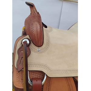 Selle de cheval western en cuir marron, faite à la main, avec finition brune rugueuse, siège rigide, sangles latigo, 10 à 18 pouces, LLT - Product Image 2