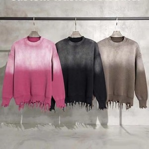 Pull en tricot surdimensionné tie-dye avec ourlet à franges, col rond unisexe, couleur dégradée, manches régulières, vêtement d'automne - Product Image 1